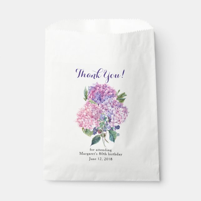 Sachets En Papier Hydrangea rose Floral 80e anniversaire Merci (Devant)