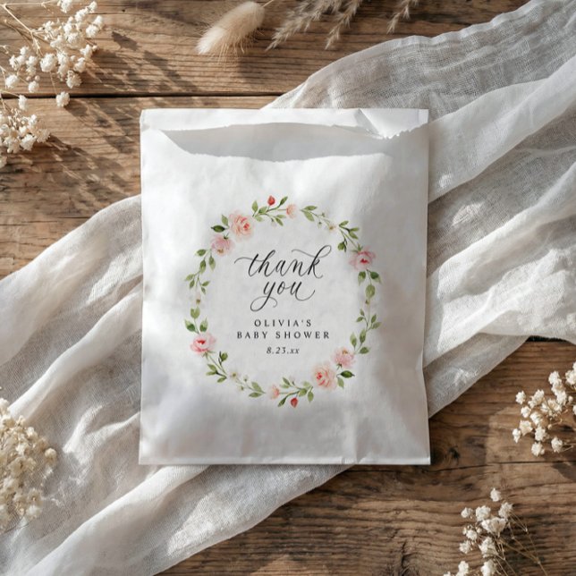 Sachets En Papier Jardin fleuri en aquarelle rose en fleurs Baby Sho (Baby shower favor bags with pink watercolor flowers and botanical garden design)