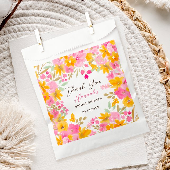 Sachets En Papier Jardin jaune rose floral aquarelle nuptiale (Garden yellow pink floral watercolor bridal shower favor bag)