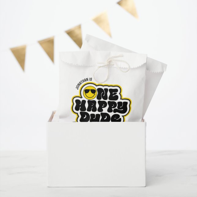 Sachets En Papier Jaune Noir Rétro Un Mec Heureux 1er Anniversaire (Fête)