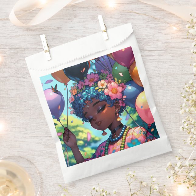 Sachets En Papier Jolie fille d'Anime noire avec anniversaire (Coupé)