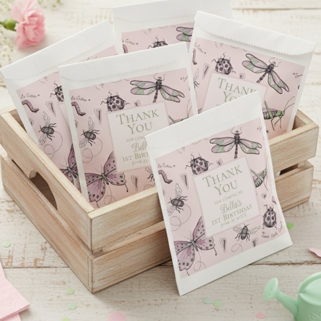 Sachets En Papier Jolis Insectes Roses Nature Merci (Cute Insects Pattern 1st Birthday Favor Bags for Baby Girl. Elegant Pink Nature Bugs Pattern for Her)