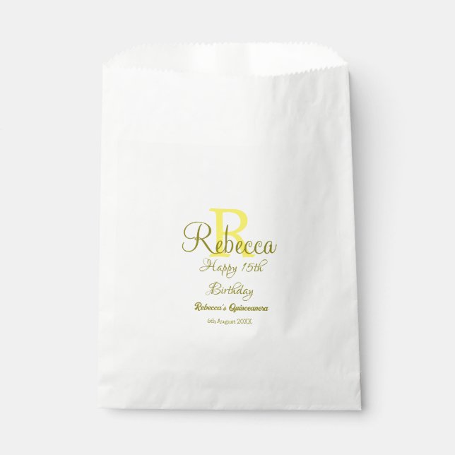 Sachets En Papier Joyeux 15e anniversaire jaune ajouter nom monogram (Devant)