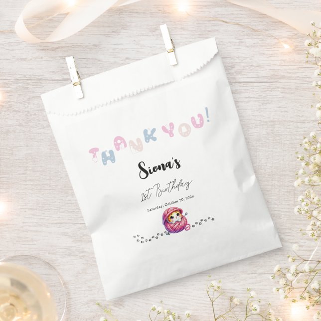 Sachets En Papier Joyeux 1er Anniversaire Chat Mignon  (Coupé)