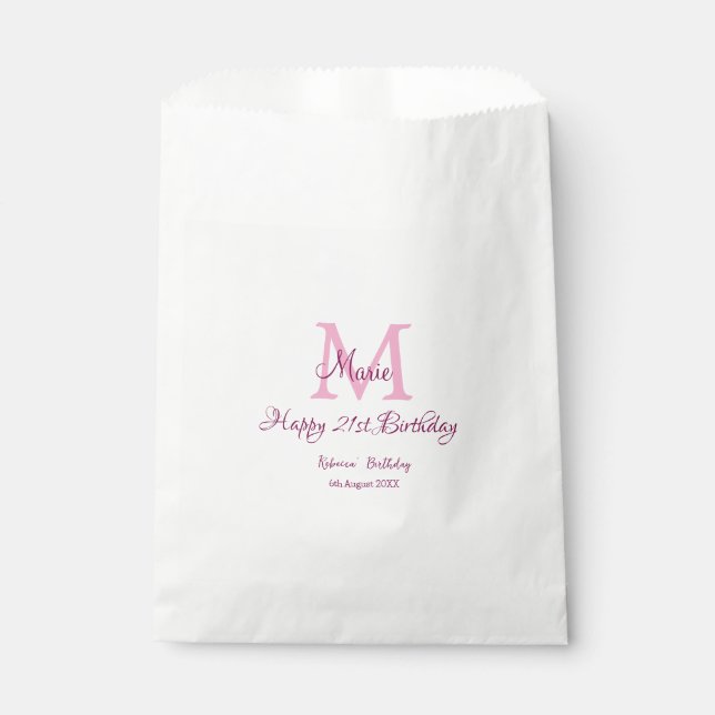 Sachets En Papier Joyeux 21e Anniversaire rose ajouter nom monogramm (Devant)