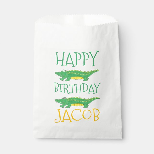 Sachets En Papier Joyeux Anniversaire Jaune Alligator Vert Crocodile (Devant)