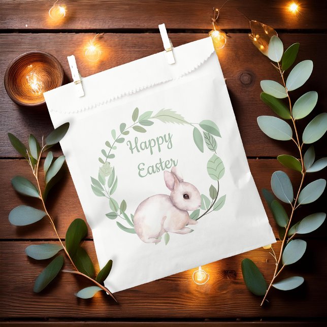 Sachets En Papier Joyeux lapin de Pâques Sage de la couronne de fleu (Cute Easter Bunny Rabbit and Eucalyptus Wreath Sage Green "Happy Easter" Favor Bags)