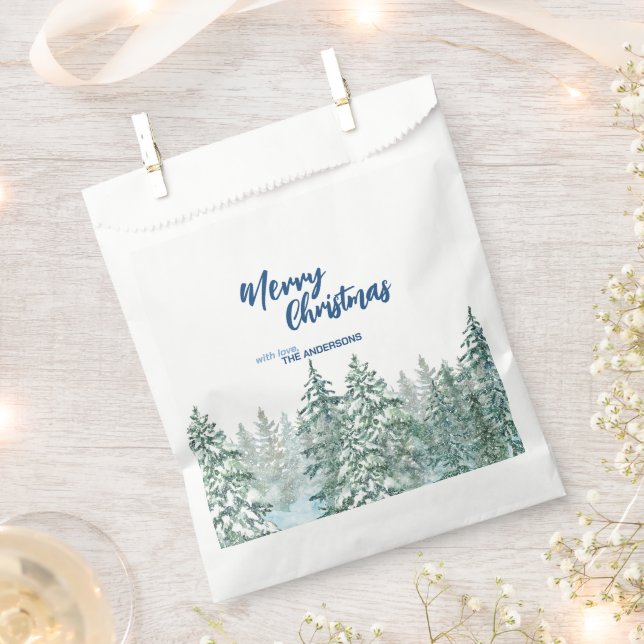 Sachets En Papier Joyeux Noël arbres forêt Aquarelle script (Coupé)