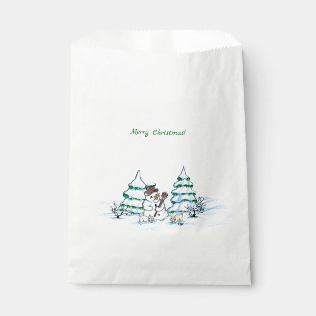 Sachets En Papier Joyeux Noël ! Snowman avec chat et chiot (Devant)