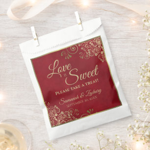 Sachets En Papier L'amour est doux Crimson rouge & or Mariage dentel