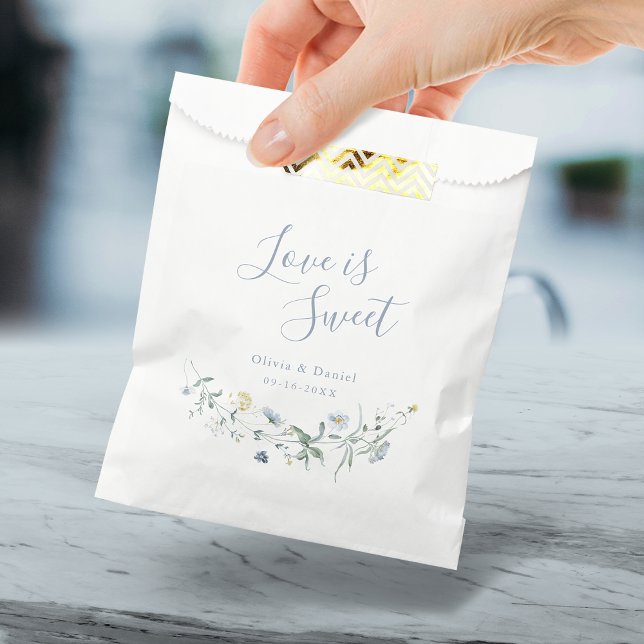 Sachets En Papier L'amour est doux Dusty Blue Fleur sauvage Rustic B (Love is sweet Dusty Blue Wildflower Rustic Boho Favor Bag)