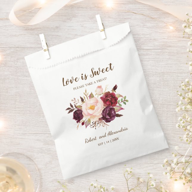 Sachets En Papier L'amour est doux Marsala Fleurs Mariage Treat (Coupé)