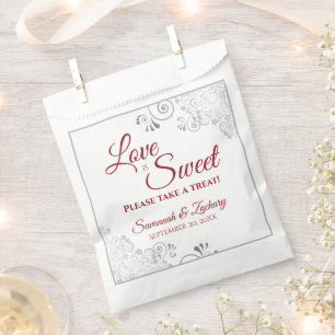 Sachets En Papier L'amour est Sweet Silver Lace & Red Script Mariage
