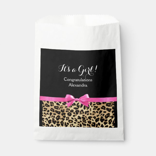 Sachets En Papier Leopard Hot rose Bow C'est un Baby shower Safari f (Devant)