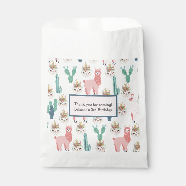 Sachets En Papier Llama rose mignonne et cactus vert personnalisés (Devant)