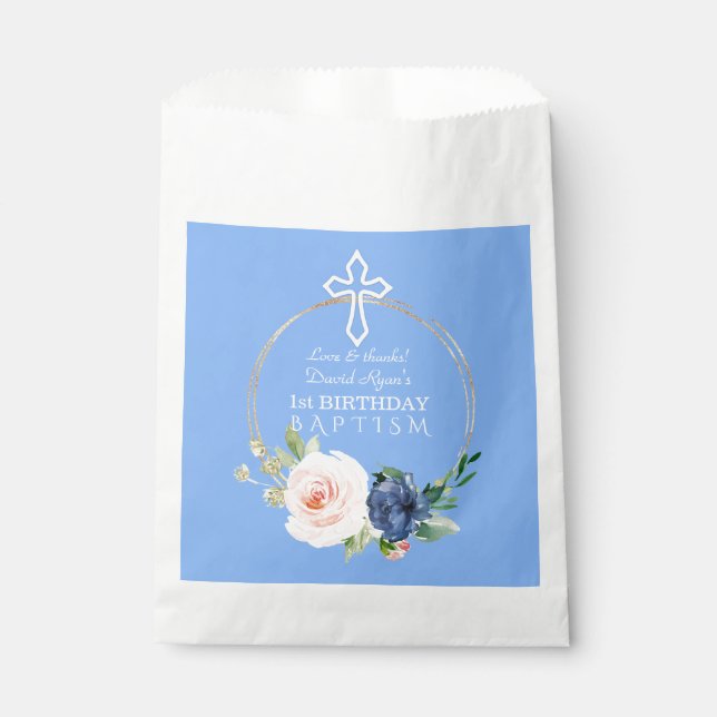 Sachets En Papier Luxe Pink Blue Floral Boy 1er Anniversaire & Baptê (Devant)