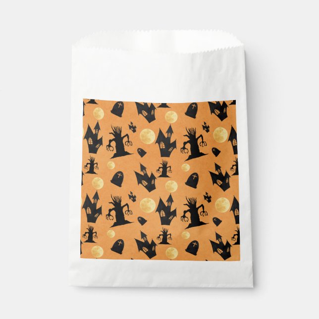 Sachets En Papier Maison hantée Halloween noir et orange (Devant)