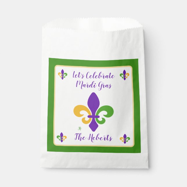 Sachets En Papier Mardi Gras NOM Vert Or Violet Fleur de Lis (Devant)