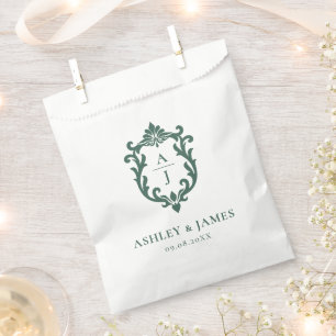 Sachets En Papier Mariage au blason orné vintage vert