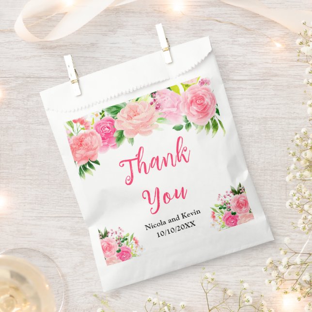 Sachets En Papier Mariage aux Roses Roses avec Feuillage (Coupé)