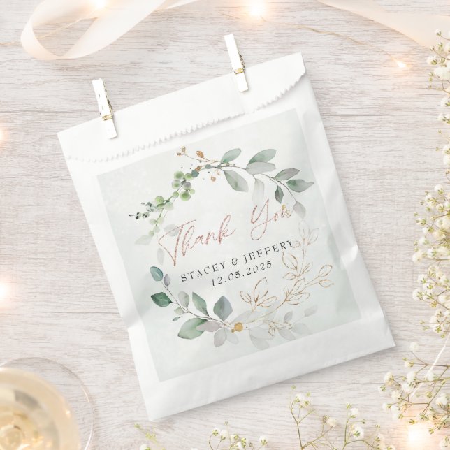 Sachets En Papier Mariage Calligraphie Or Eucalyptus Rustique  (Coupé)