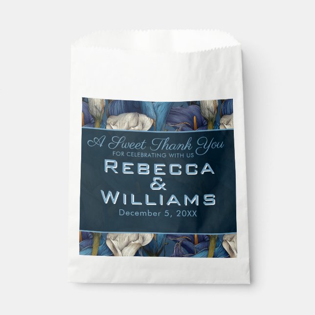 Sachets En Papier Mariage classique avec des callas bleus, verdure c (Devant)