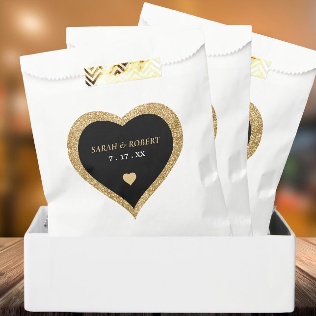 Sachets En Papier Mariage de coeur de Parties scintillant Black & Go (Black & Gold Glitter Heart Wedding Favor Bag)