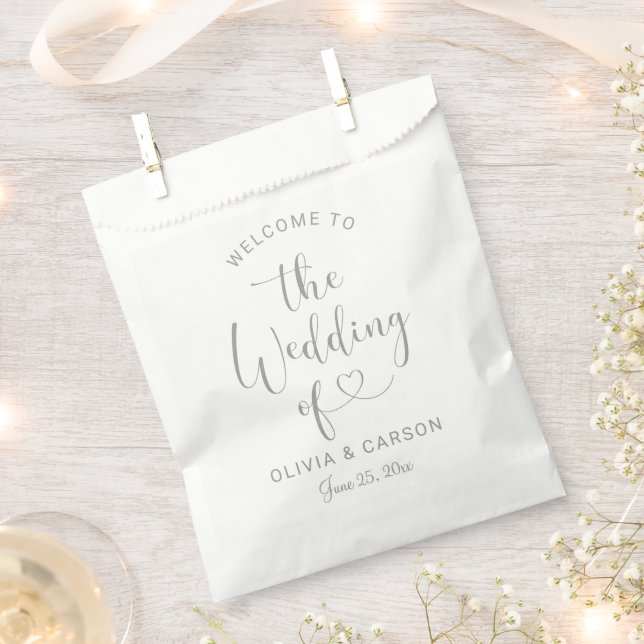 Sachets En Papier Mariage de cœur de script argenté moderne Bienvenu (Coupé)