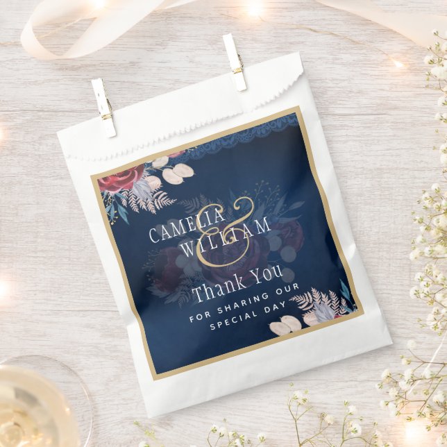 Sachets En Papier Mariage de dentelle florale bleu Bourgogne (Coupé)