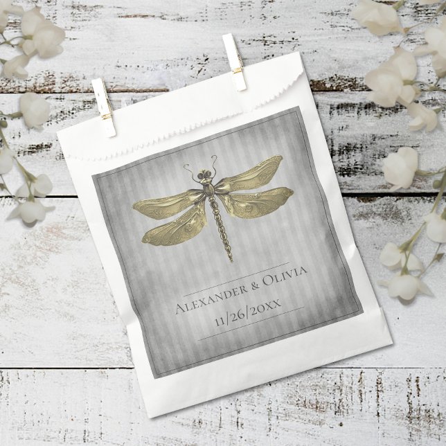 Sachets En Papier Mariage de libellules à bijoux en or (Gold Jeweled Dragonfly Wedding Favor Bags)