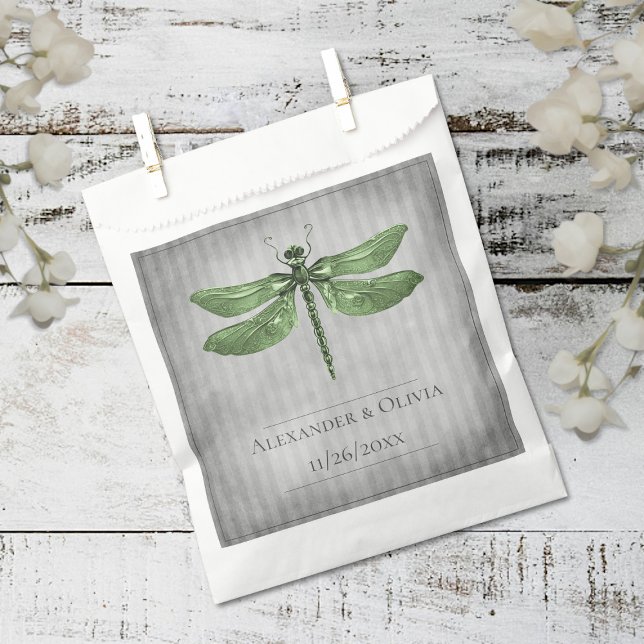 Sachets En Papier Mariage de libellules à bijoux verts (Green Jeweled Dragonfly Wedding Favor Bags)