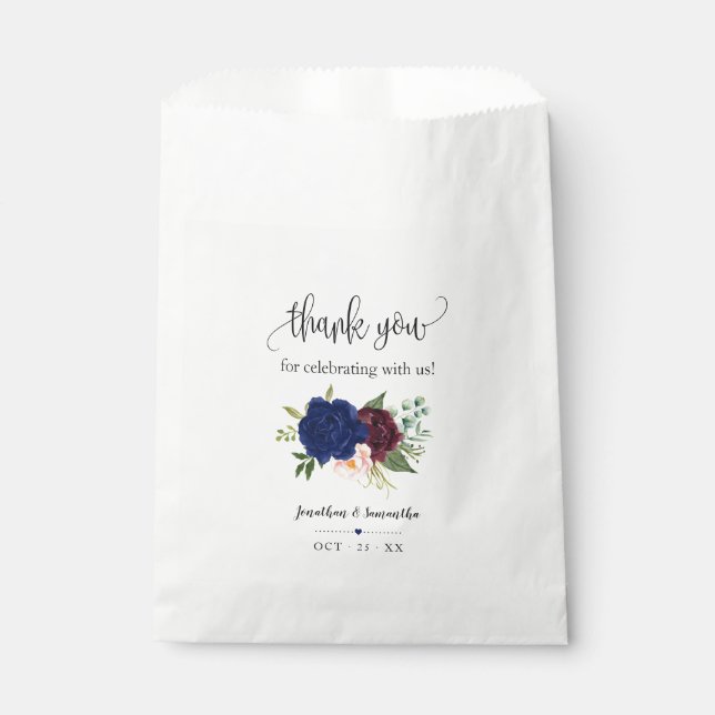 Sachets En Papier Mariage de parti chic boho floral bordeaux Navy (Devant)