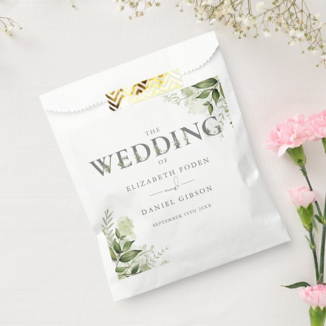 Sachets En Papier Mariage de typographie florale verte (Scellé)