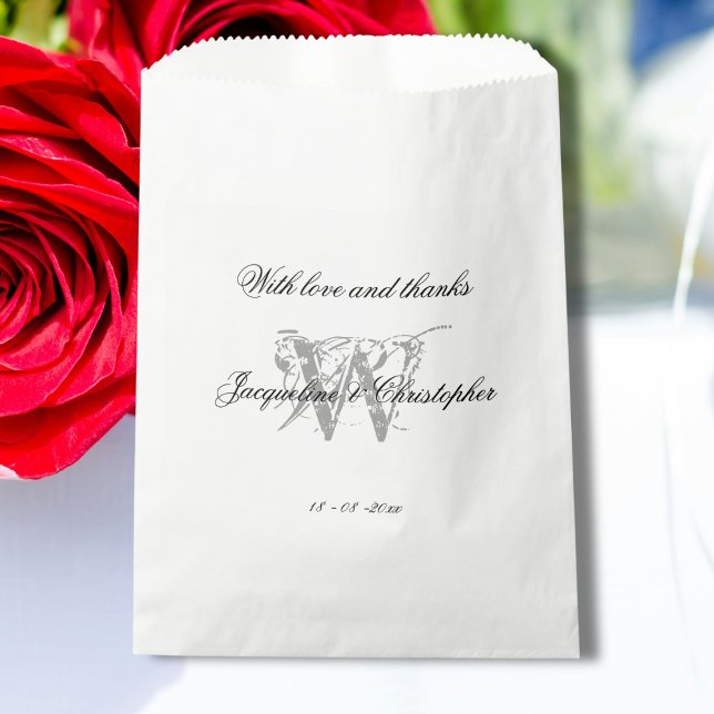 Sachets En Papier Mariage élégant Monogramme moderne + Noms Chic Can (Elegant Wedding - Black, White and Gray, Monogram plus Bride and Groom Names Favor Bag.)
