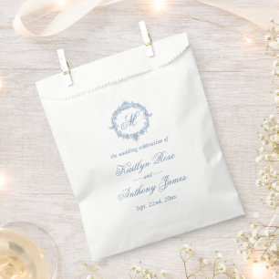 Sachets En Papier Mariage Élégant Vintage Bleu Toile Monogramme
