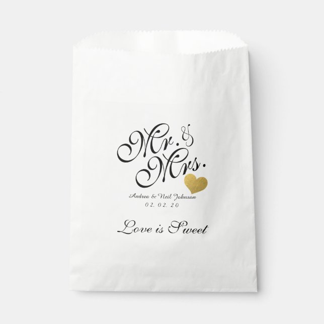 Sachets En Papier Mariage Favor Sac Faux Gold Foil Coeur M. & Mme (Devant)
