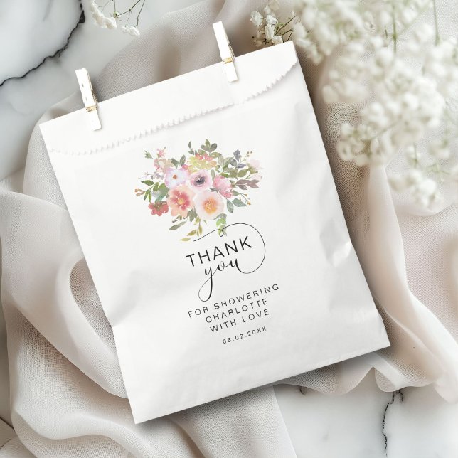 Sachets En Papier Mariage Fleur Moderne Shower  (Modern Flower "Thank You!" Bridal Shower Favor Bag with your name and date.)