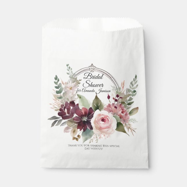 Sachets En Papier Mariage Floral Bourgogne Fleurs Roses D'automne (Devant)