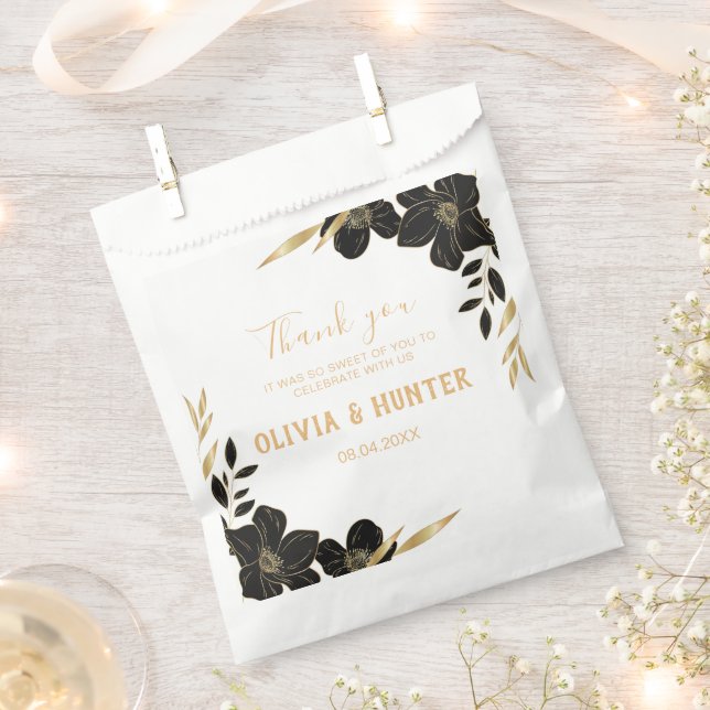 Sachets En Papier Mariage floral noir et blanc moderne merci (Coupé)