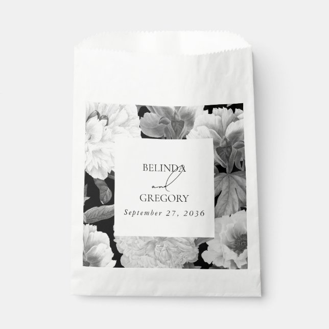 Sachets En Papier Mariage floral noir et blanc Peonies d'aquarelle (Devant)