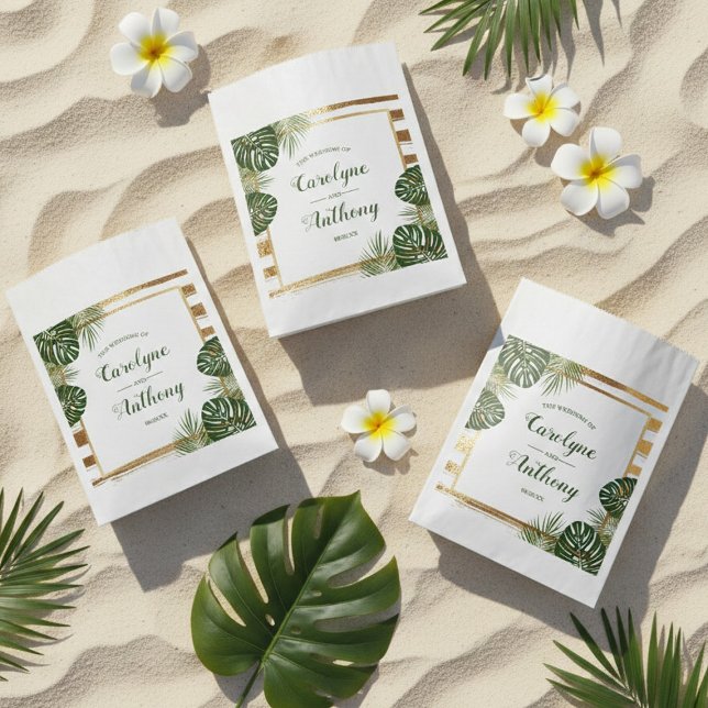 Sachets En Papier Mariage Gold Foil & Green Palm Leaf Beach (Créateur téléchargé)