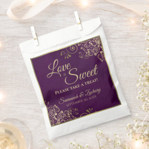 Sachets En Papier Mariage Prune Pourpre & Dentelle Dorée Love is Swe