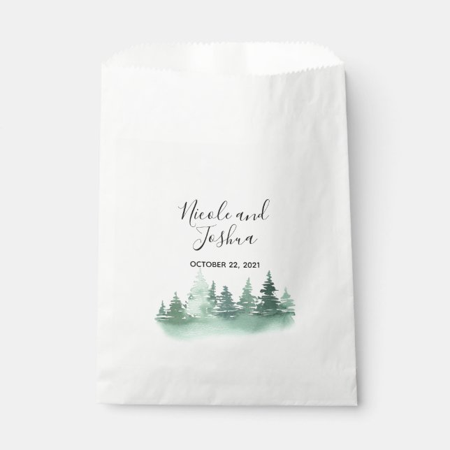 Sachets En Papier Mariage rustique de forêt de pins à l'aquarelle (Devant)