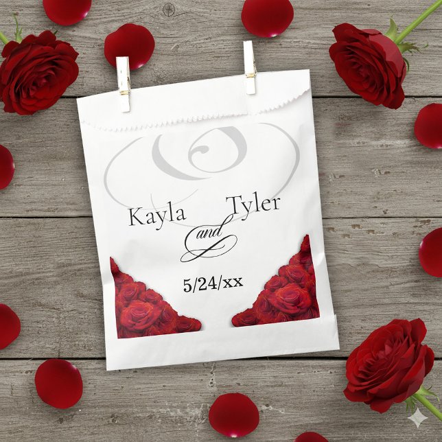 Sachets En Papier Mariage simple Roses rouges (Simple Red Roses Flourish Wedding Favor Bag)