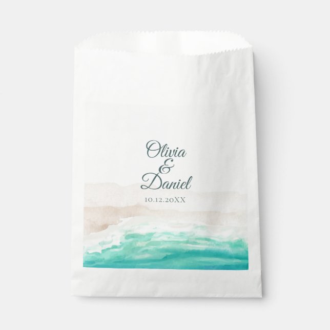 Sachets En Papier Mariage sur la plage de sable turquoise à l'aquare (Devant)
