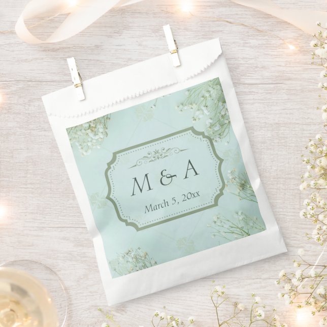 Sachets En Papier Mariage Turquoise Fleurs blanches Pastel (Coupé)