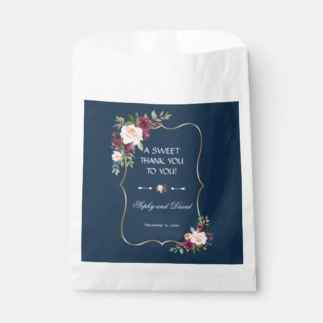 Sachets En Papier Marine Bleu Bourgogne Floral Mariage or MERCI (Devant)