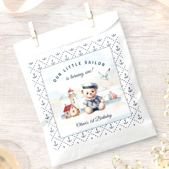 Sachets En Papier Marine Nautique Cute Bear Été 1er Anniversaire (Nautical Sailor Cute Bear Summer 1st Birthday Favor Bag)