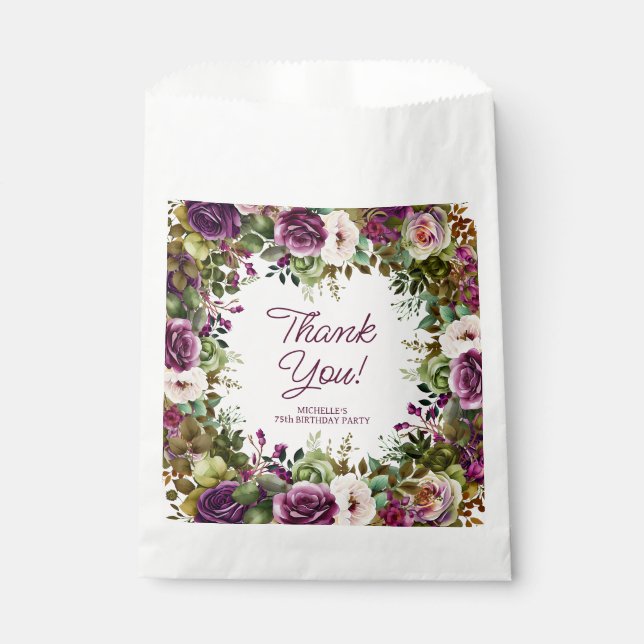 Sachets En Papier Merci d'anniversaire floral pourpre (Devant)