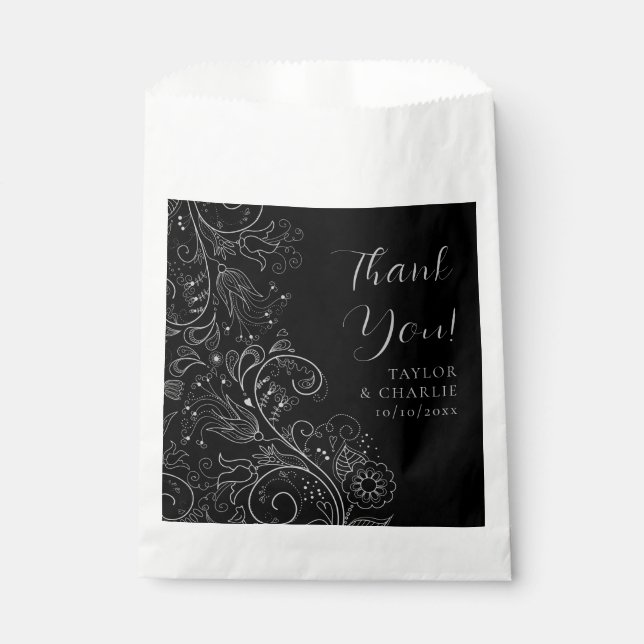 Sachets En Papier Merci Mariage floral soyeux et noir (Devant)